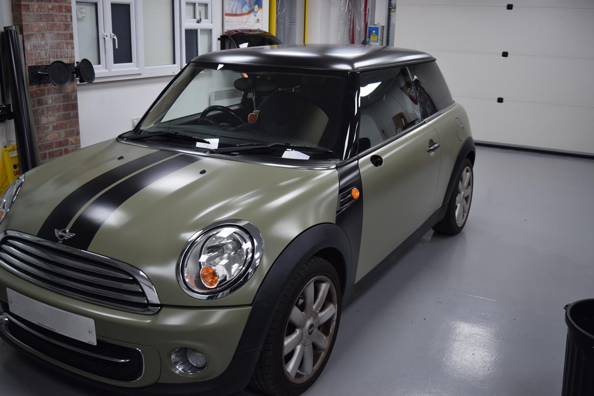 A Mini vehicle after the application of a vinyl wrap