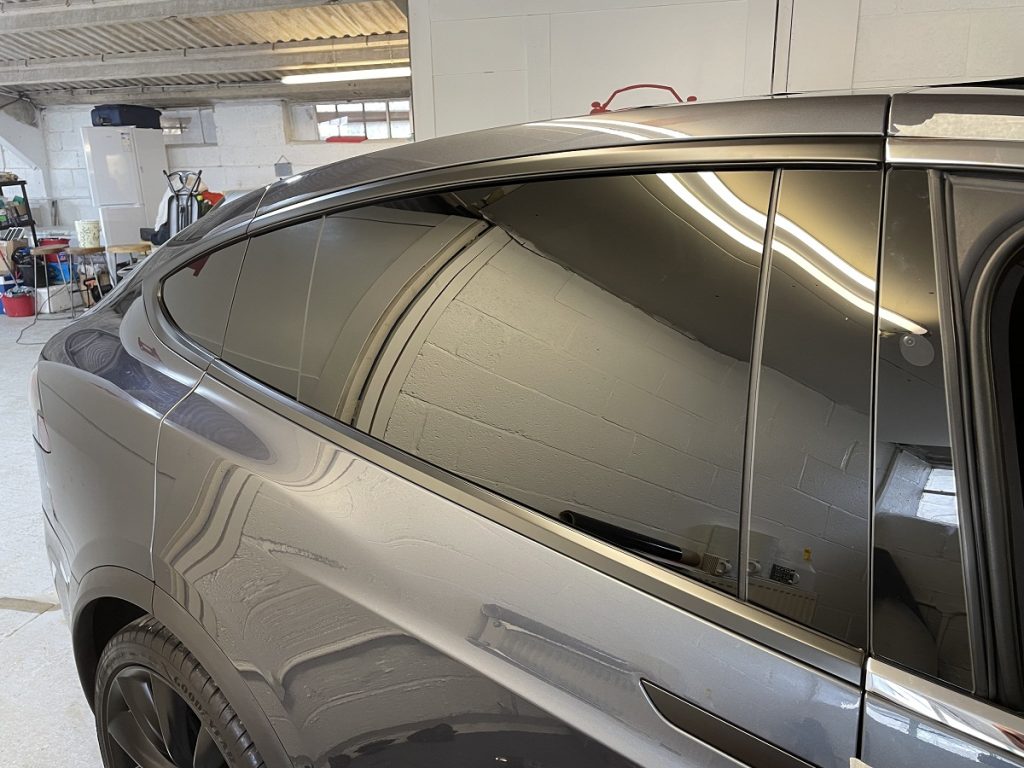 Tesla Model X SUV rear quarter dechrome complete